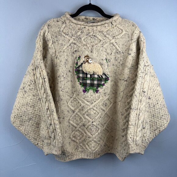 Vintage Marled Wool Cable Knit Chunky Sweater with Embroidered Ram Grannycore - Picture 1 of 8